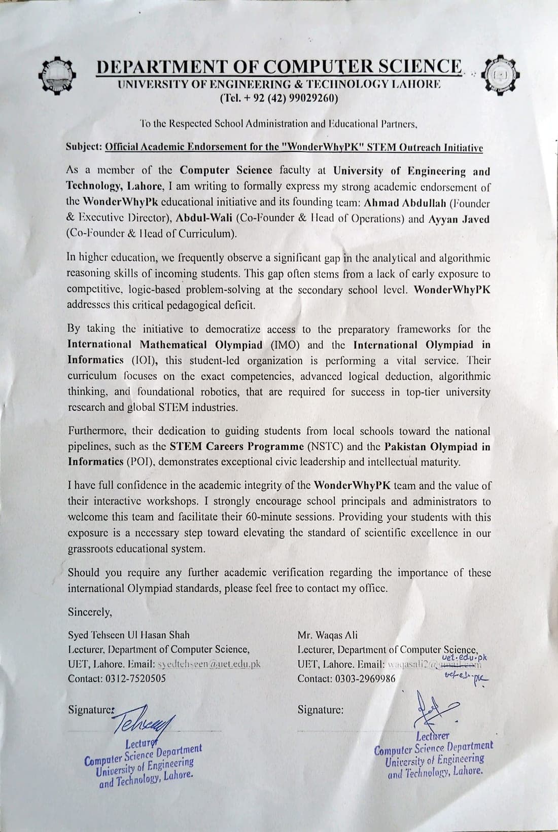 First page of the signed endorsement letter, on Department of Computer Science, UET Lahore letterhead.